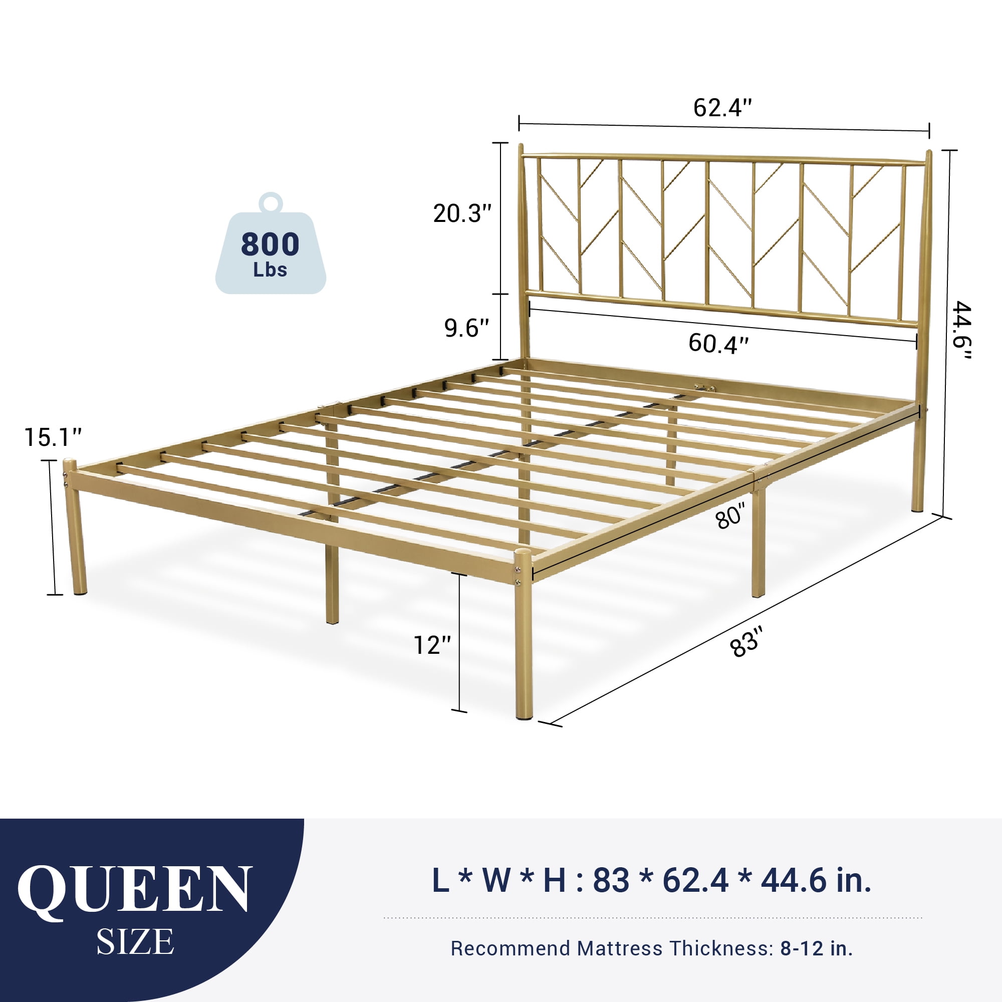 Allewie Gold Queen Size Modern Metal Platform Bed Frame with Vintage Headboard and 12" Under-bed Storage