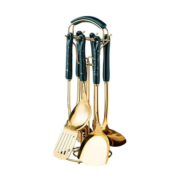 Nvzi 7-Piece Gold 304 Stainless Steel Cooking Utensil Set with Green Ceramic Handles