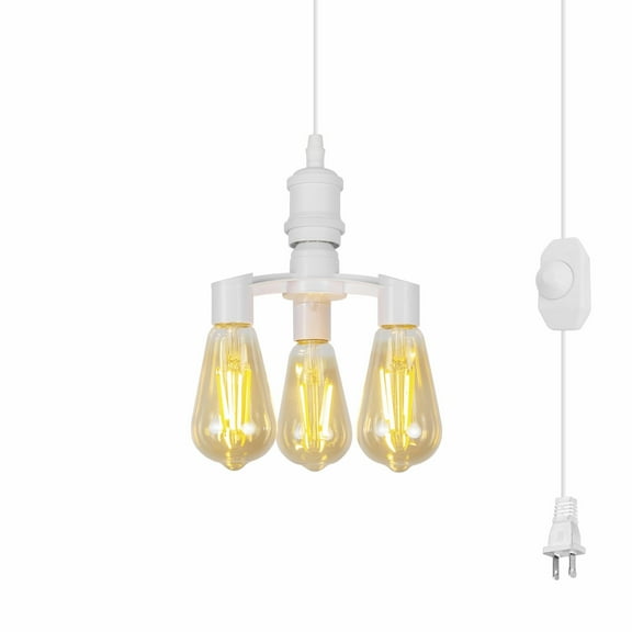 Kiven Plug in Pendant Light with 3 Lamp Sockets, Farmhouse Hanging Light Fixture with E26 Socket Dimmable Pendant Light for Bedroom Hallway Kitchen White
