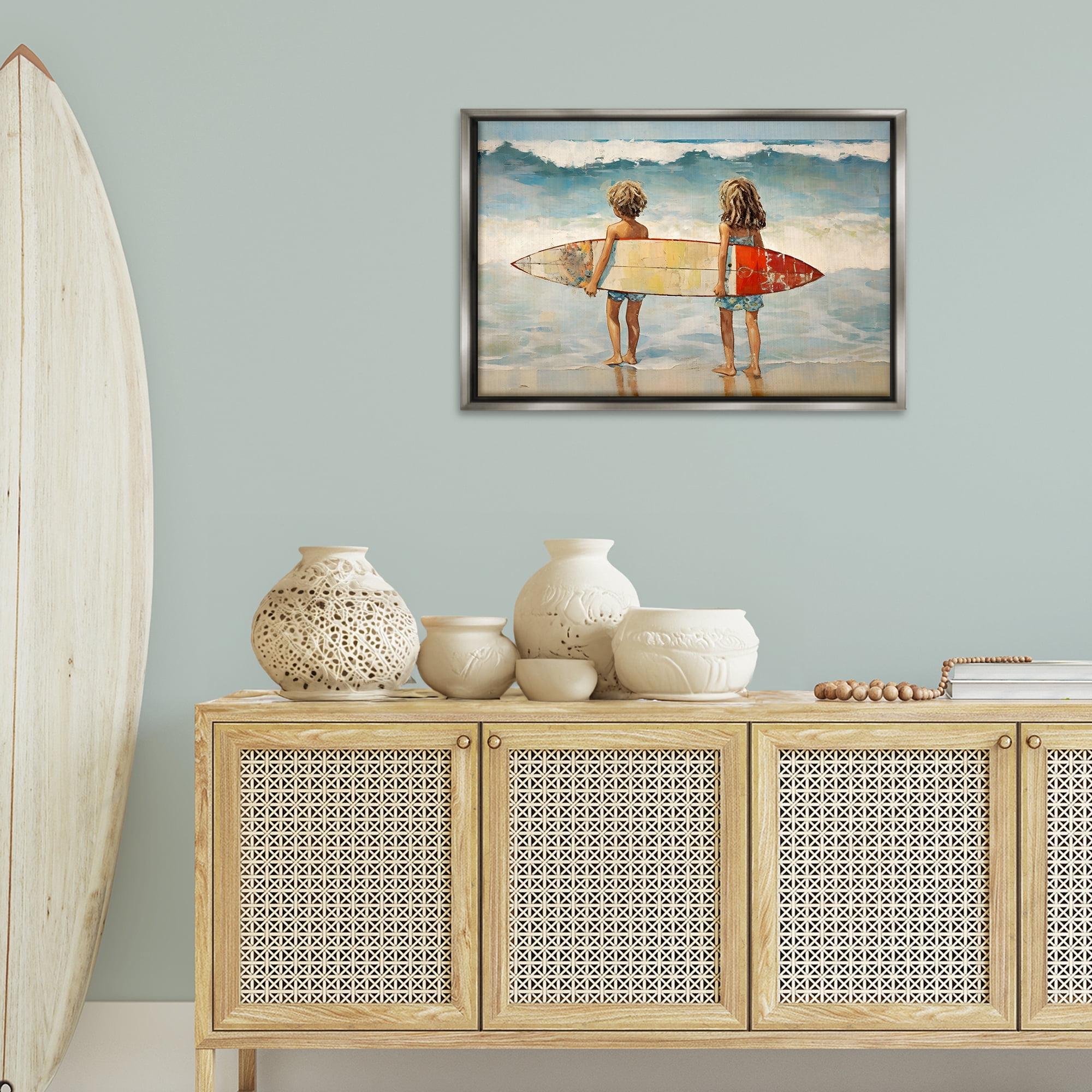 Stupell Industries Kids with Surf Waves People Painting Gray Floater Framed Canvas Art Print Wall Art, 31 x 21