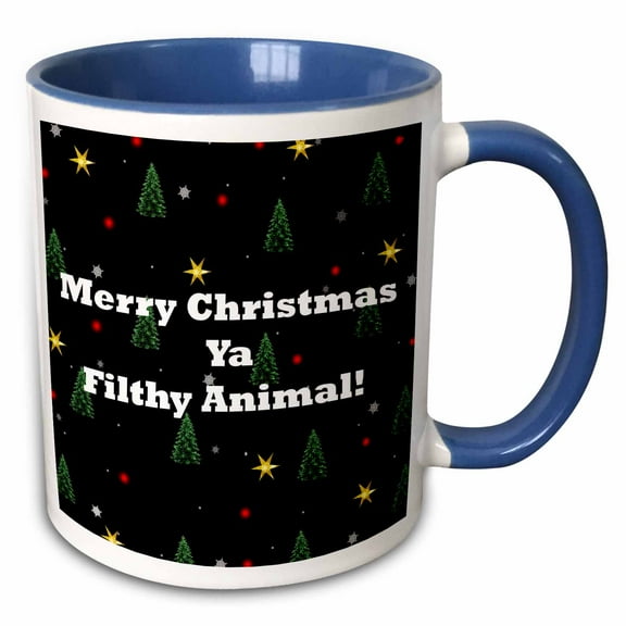 3drose, Merry Christmas Ya Filthy Animal with Black Background, 15oz Two-tone Blue Mug