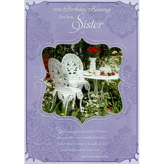 Designer Greetings Ornate White Table and Chairs in Lush Garden on Purple Inspirational Birthday Card for Sister