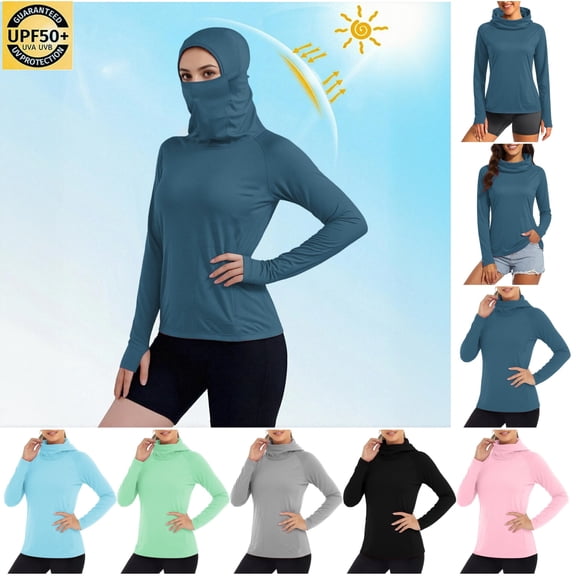 QATAINLAV Women's Sun Protection Hoodie with Face Mask Summer Lightweight Rash Guards UPF 50 Thumb Holes Long Sleeve Workout Tops Gray XXL