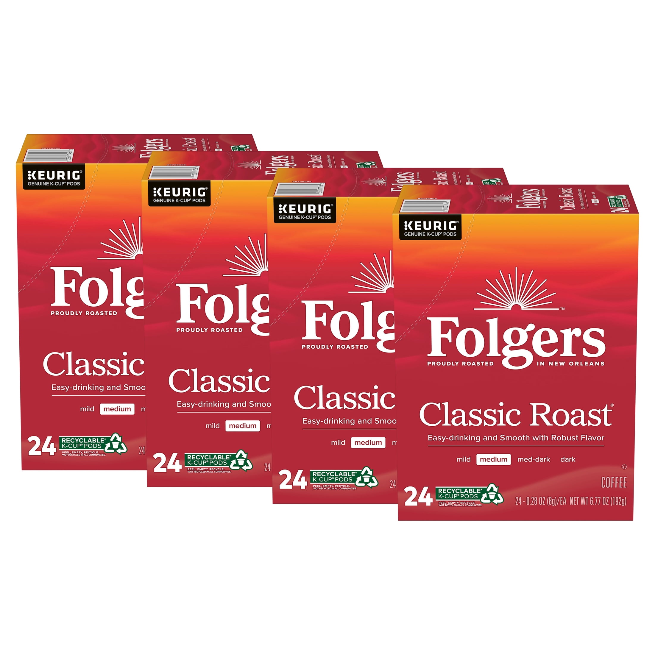 (4 pack) Folgers Classic Roast KCup Pods, Medium Roast Coffee, 24
