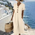 thumbnail image 2 of Women's Summer V Neck Midi Dress with Pockets, Casual Ruffle Short Sleeve Cotton Linen Texture Dress, Large Button Decor Sundress, 2 of 4