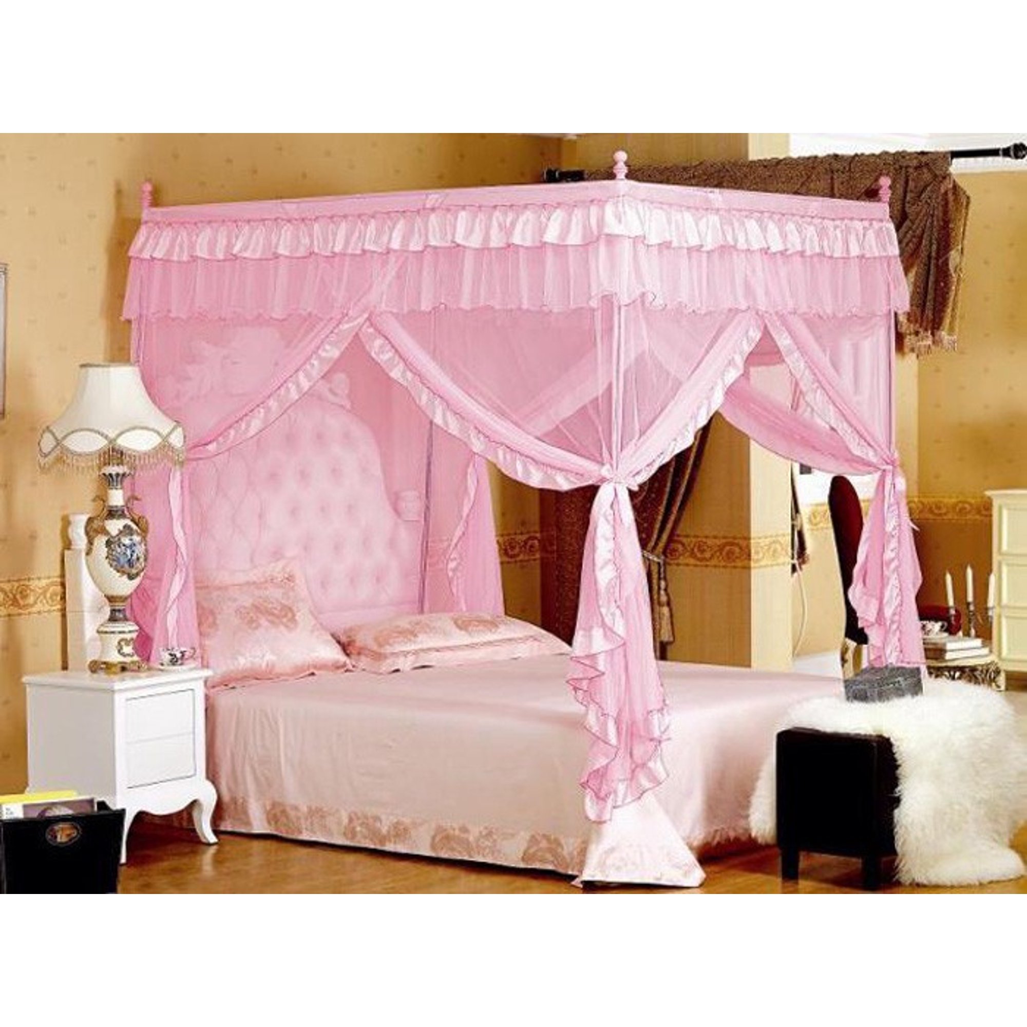 4 Corner Post Bed Canopy Mosquito Net Luxury Lace Princess Quadrilateral Wedding Romantic White Pink 150 200mm 200mm 200mm