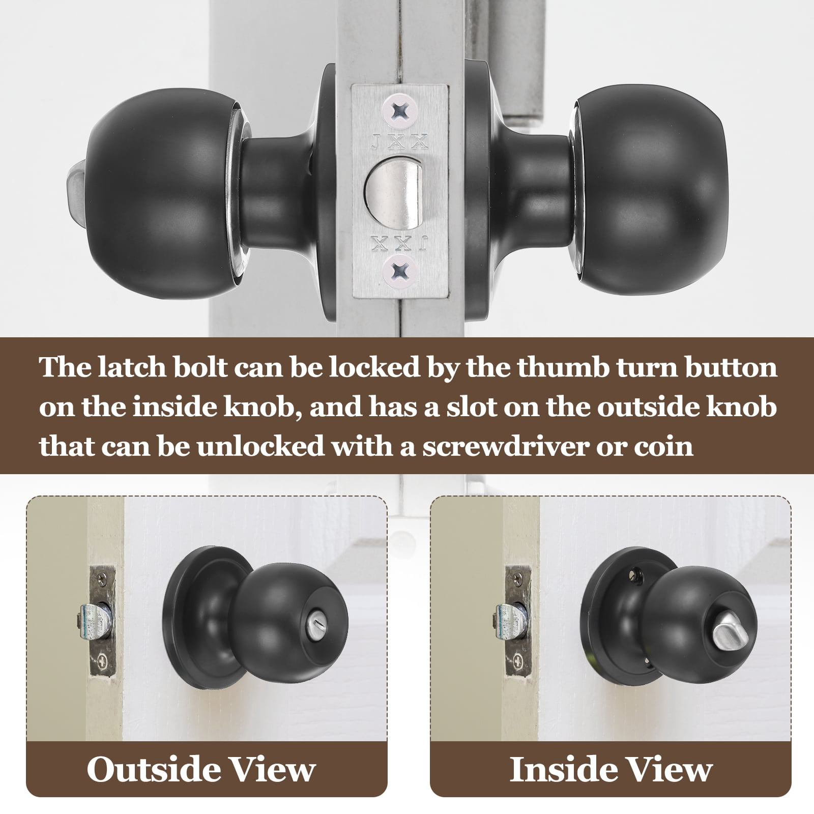 2 Pack Privacy Door Knob, Round Interior Door Handles Keyless Turn Lock Doorknob with Screws Fits 1.77"-2.56" Thickness for Bedroom, Bathroom Closets, Black