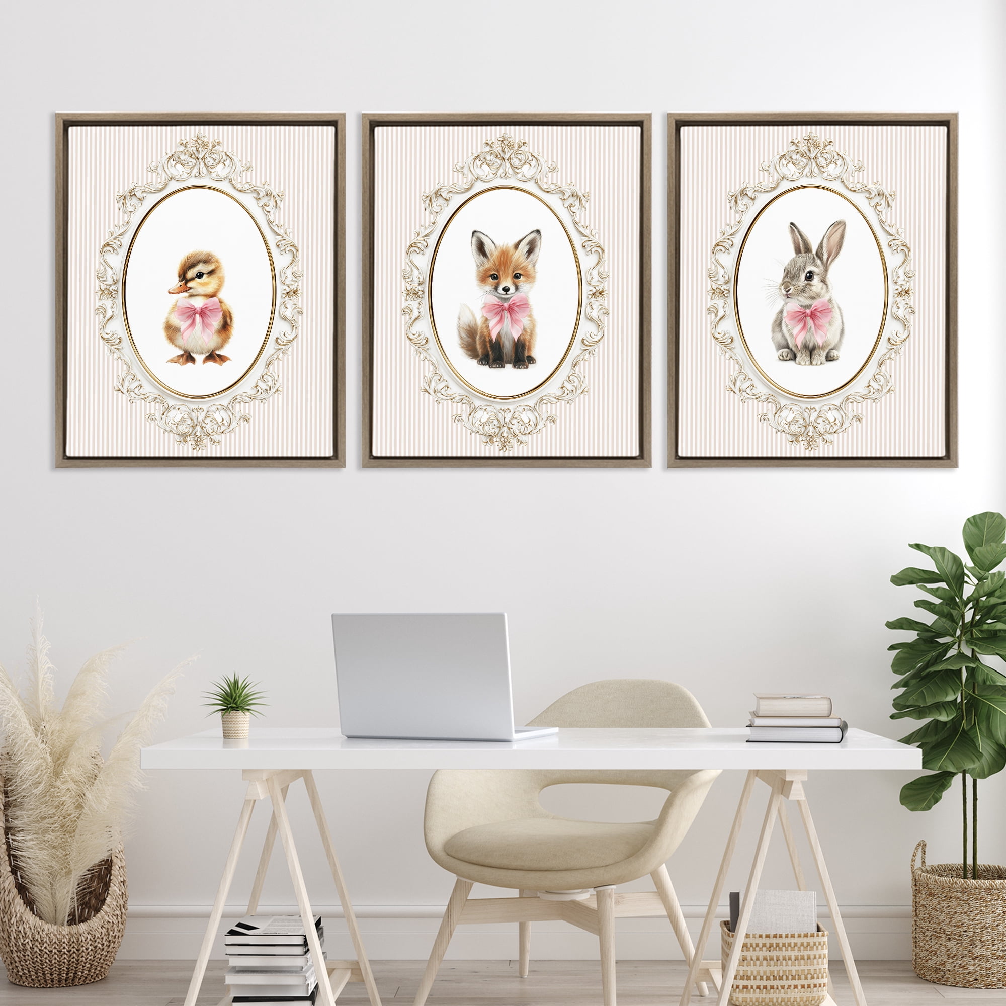 Stupell Industries Vintage Animals with Ornate Design 3 Piece Brown Framed Floater Canvas Set, design by Christine Simpson Art