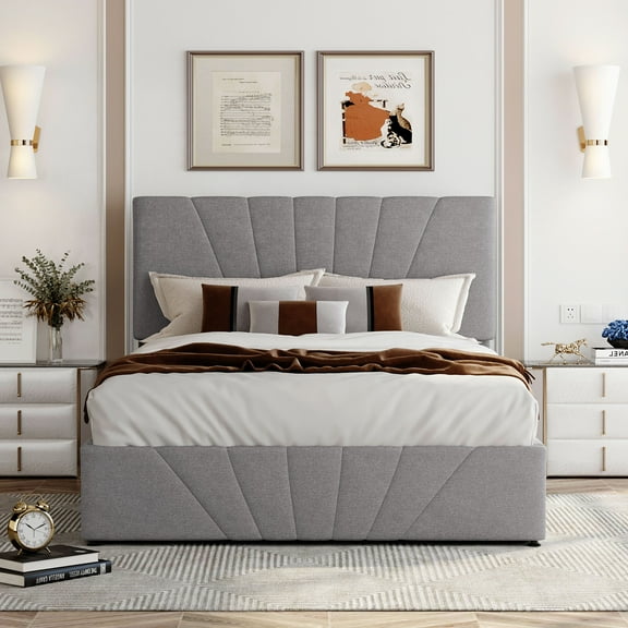 Gray Full Size Upholstered Platform Bed with a Hydraulic Storage System