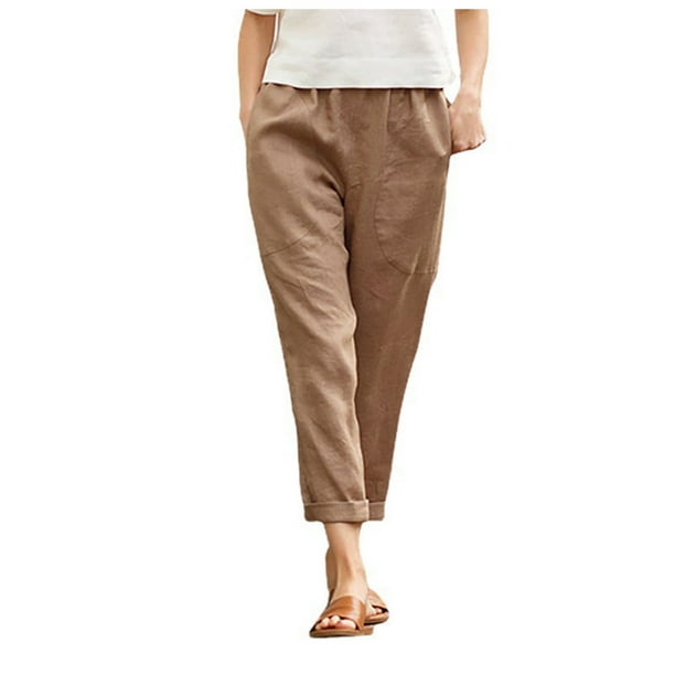 Bowake White Linen Pants For Women Tightness Trousers Pocket Casual ...