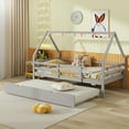 thumbnail image 4 of Gymax Twin Size House Bed w/ Trundle Wooden Kids Bed w/ Safety Rails & Decorable Roof Gray, 4 of 10