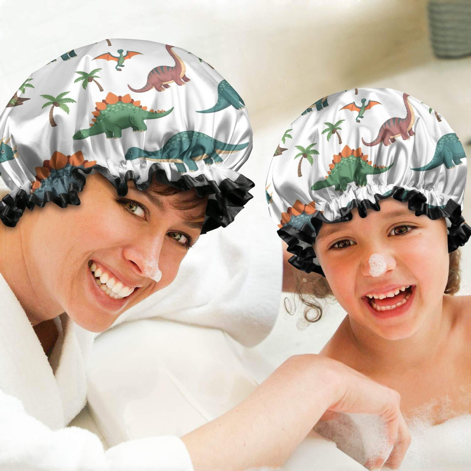 Shower Caps,White Cartoon Dinosaurs Volcanoes Pattern Waterproof Shower Cap for Women 4 Pieces,Double Reusable Hair Cover for Shower PEVA Elastic Stretch Hem
