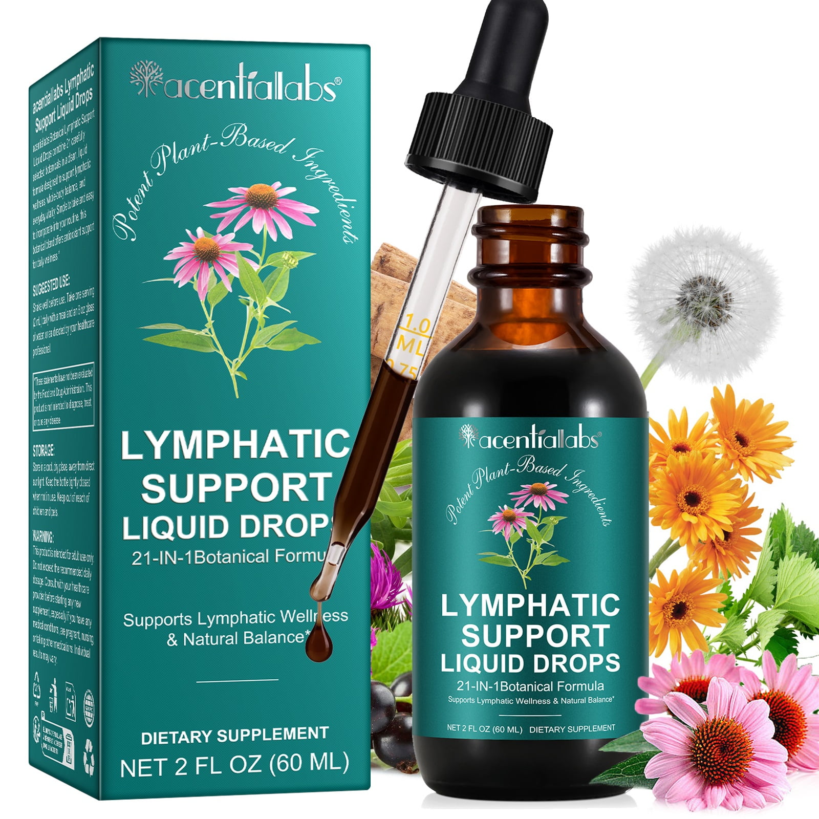 Lymphatic Drainage Liquid Drops, 21-In-1 Echinacea, Dandelion & Burdock Root, Lymphatic Health Support, 2 fl oz