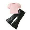 thumbnail image 1 of Zpanxa Girls Matching Sets Ribbed Mesh Puff Short Sleeve Top and PU Leather Flare Long Pants Set 1 Years, 1 of 3