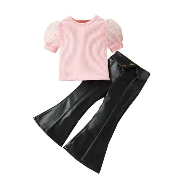 AUNVITO Girls Ribbed Mesh Puff Sleeve Top PU Leather Flare Pants 2-Piece Set Short Sleeve Round Neck Y2K Fashion Outfit