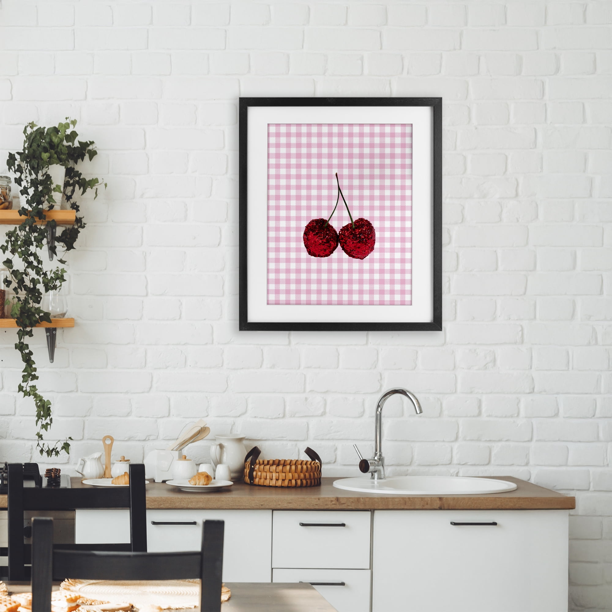 Stupell Industries Glitter Cherry on Pink Gingham Black Framed Print Under Glass, design by LISH Creative