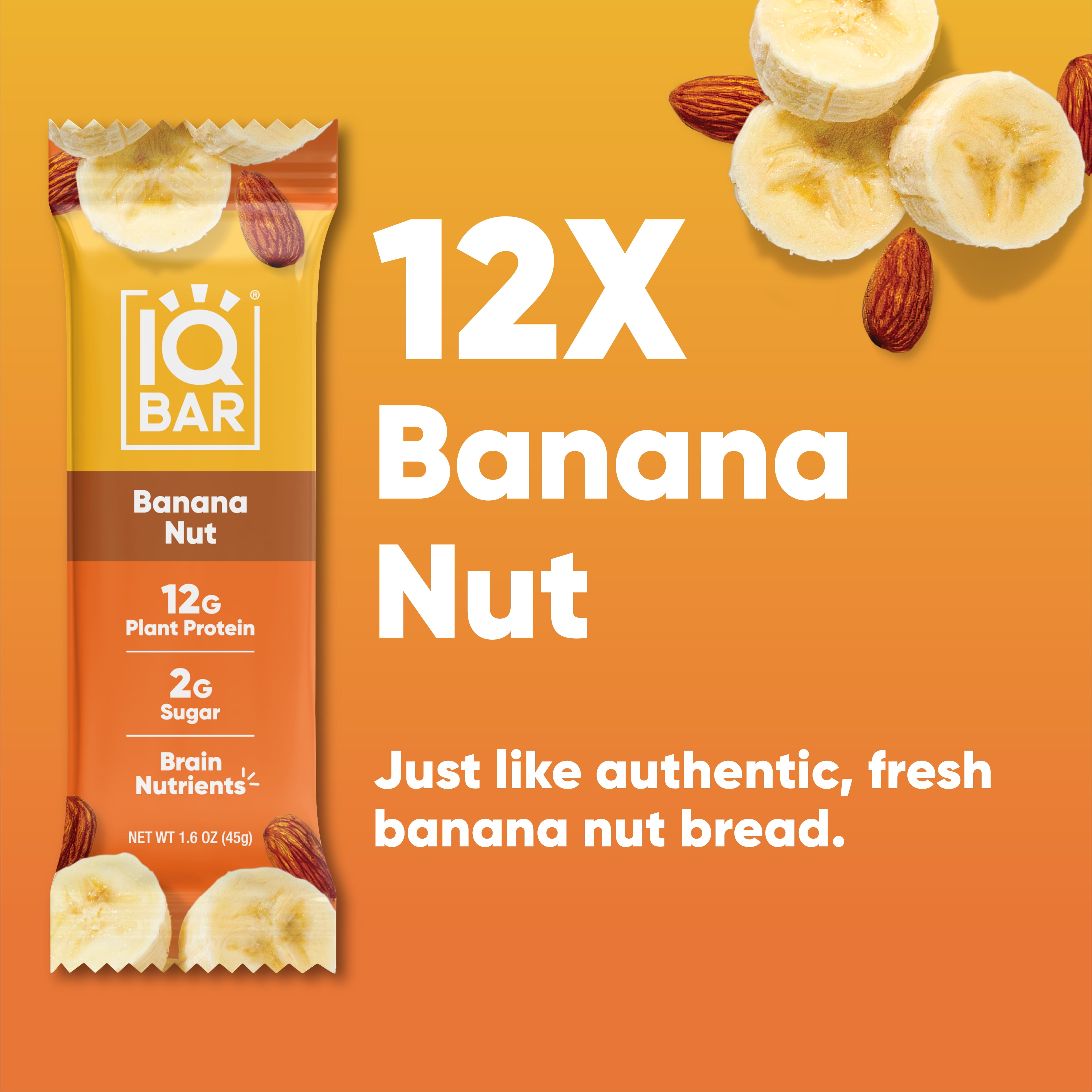 IQBAR Clean Plant Protein Bars - Banana Nut - 12 Count - Keto, Vegan, High Fiber, Gluten and Dairy Free, Low Sugar Snack