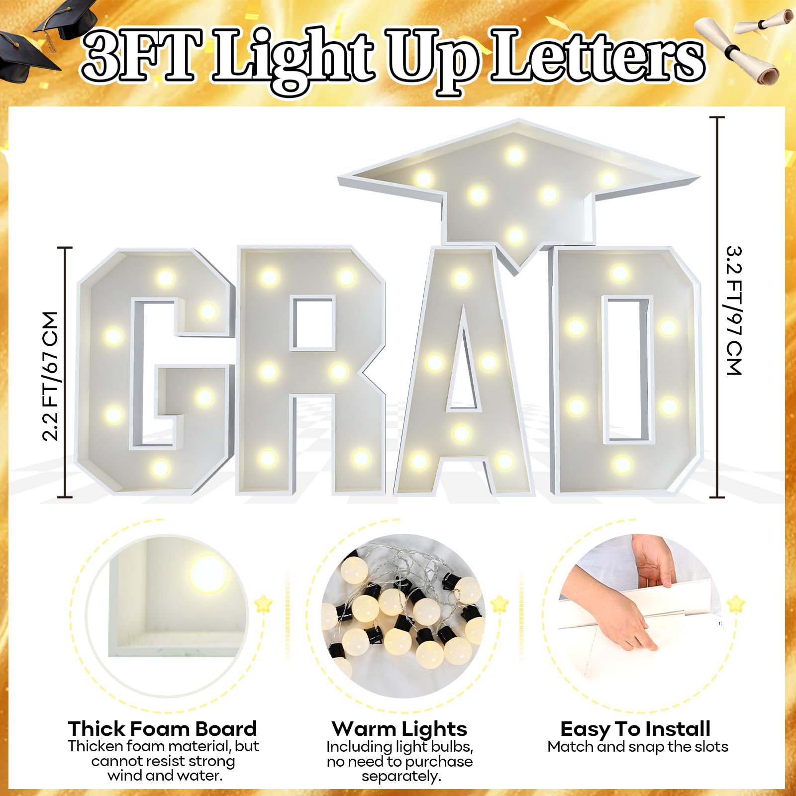 Grad Marquee Letters 3FT for 2026 Graduation Decorations, White Large Light Up Letters Graduation Cap Grad Letter with Lights for Class of 2026 Preschool High School College Grad Party