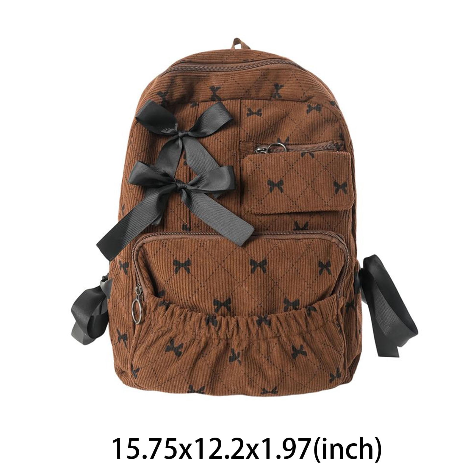 Yucurem Large Capacity Corduroy Backpack with Bow, Lightweight 15.75 inch Laptop Bag for Women, Aesthetic Daypack for College Travel (Brown)