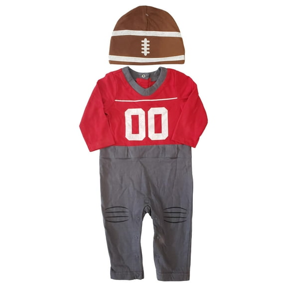 Infant Baby Boy Red Grey Football Uniform Bodysuit & Hat 2 Piece Cotton Set 6-9M