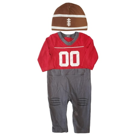 Infant Baby Boy Red Grey Football Uniform Bodysuit & Hat 2 Piece Cotton Set 6-9M