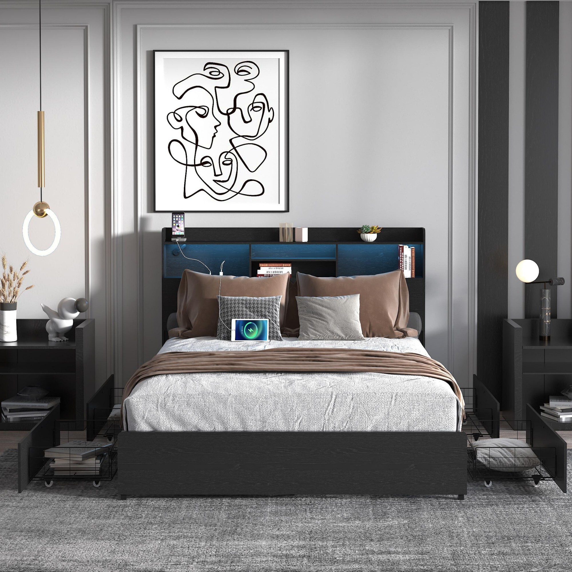 AENKYO Queen Size Bed Frame with 4 Storage Drawers & LED Lights - Storage Headboard with Charging, Noise-Free, Black