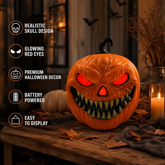 Halloween Decoration Indoor Red Glowing Evil Face Pumpkin Lamp Jack O Lantern Halloween Decor with LED Eyes Battery Powered Tabletop Light for Home Mantel Entryway