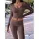 thumbnail image 5 of Conjunto Deportivo de 2 Piezas para Mujer, Camiseta de Larga, Pantalones Acampanados con Solapa, Chándal Informal, Color Café, Talla M, 5 of 8