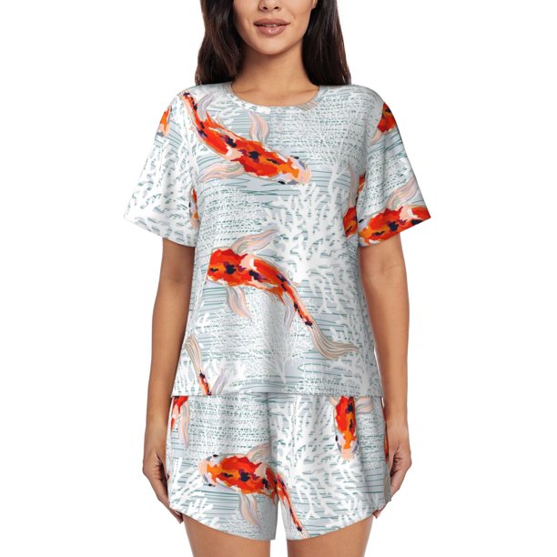 Fotbe Koi Fish Corals,Spring Summer Conjunto de Pijama Estampado para Mujer, 2 Piezas, Ropa de Dormir con Camiseta de Manga Corta y Shorts Suaves-Medium