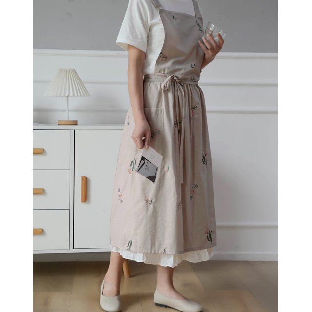 Delantal de cocina con bolsillo, delantal impermeable de algodón y lino a la cintura para uso doméstico