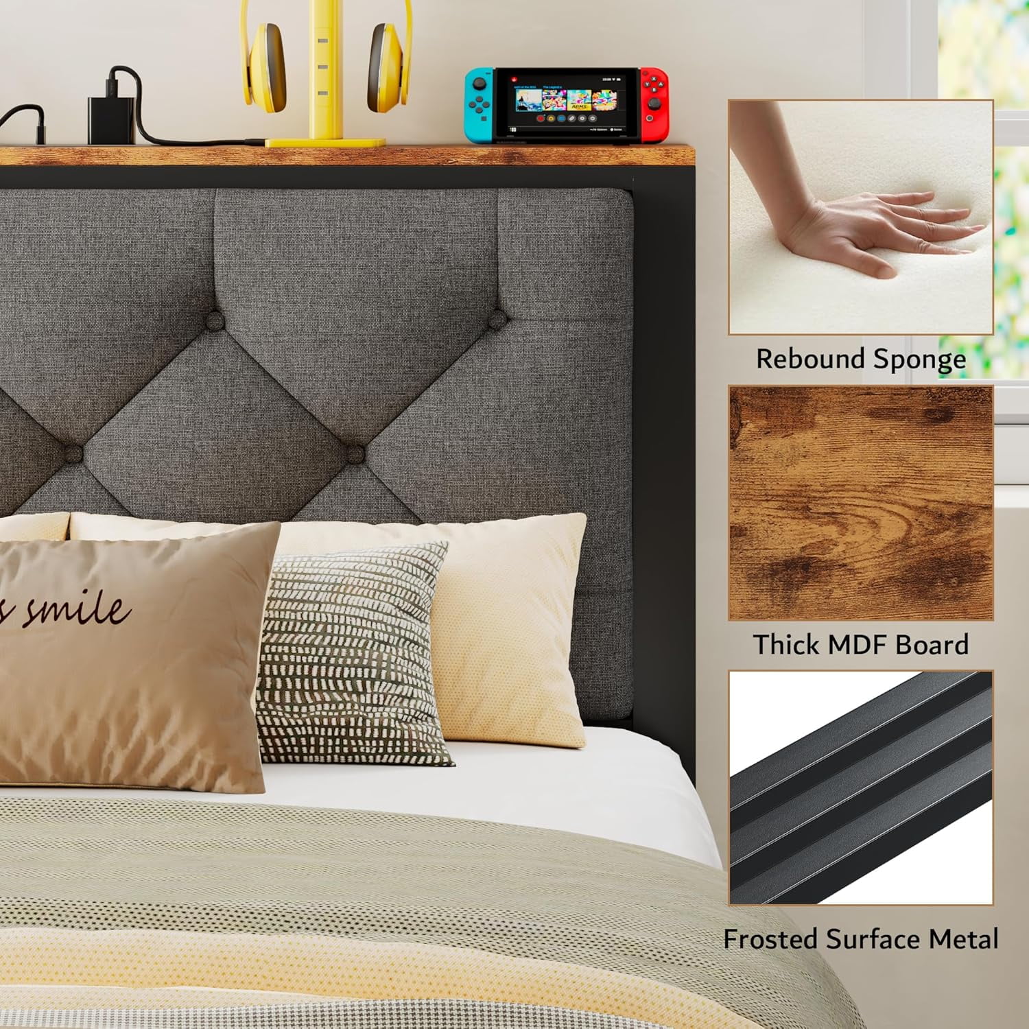 iPormis Twin Bed Frame with Storage Drawers, Linen Upholstered Headboard Platform Bed with Charging Station, No Box Spring Needed, Metal Slats Support, Noise-Free, Easy Assembly, Grey