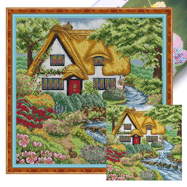 Hilo Algodón Bordado Punto Cruz Primavera Con Creekside Hut 14CT 43x43cm