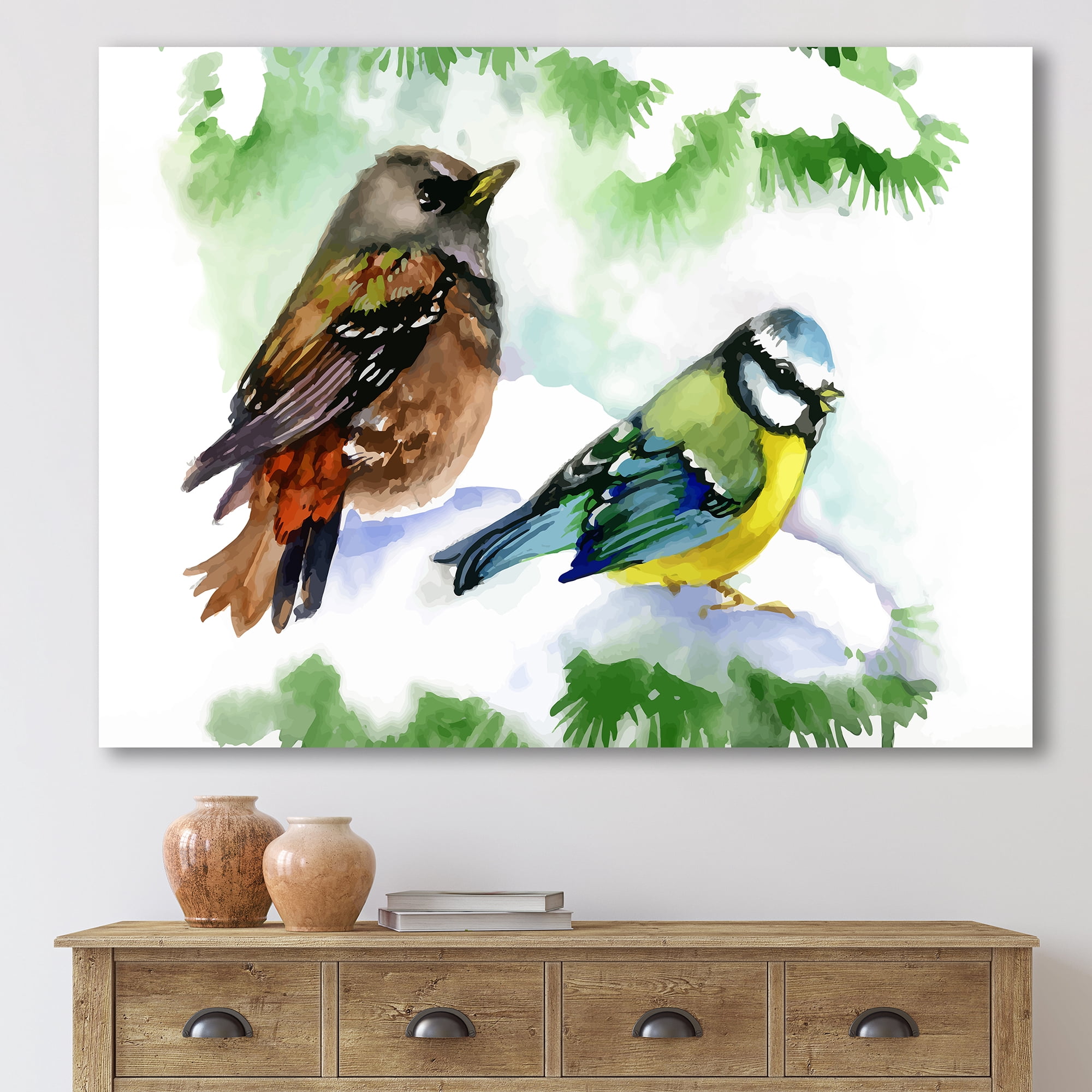 Designart ' Forest Birds Sitting On Snowy Fir Tree Branch ' Traditional Canvas Wall Art Print