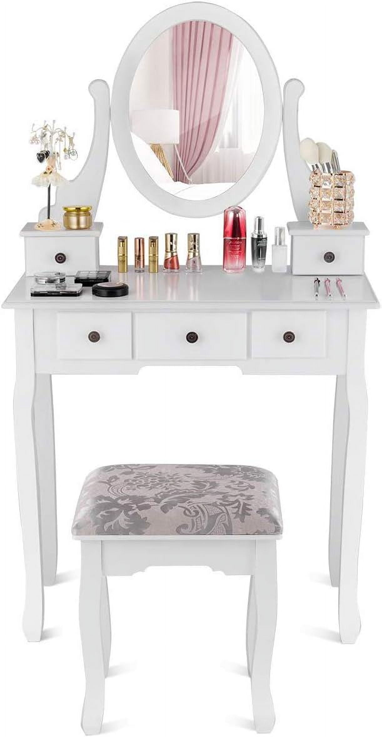 Gymax Vanity Dressing Desk Makeup Table Stool W/ 5 Storage Drawers White