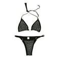 thumbnail image 2 of Wuxian Women Two Piece Swimsuits Sequin Halter Backless Lace Up Solid Color Deep Triangle V-Neck Bandeau Bandage Thong Bikini Set Push Up Brazilian Swimwear Beachwear Bathing Suit,Black,S, 2 of 8