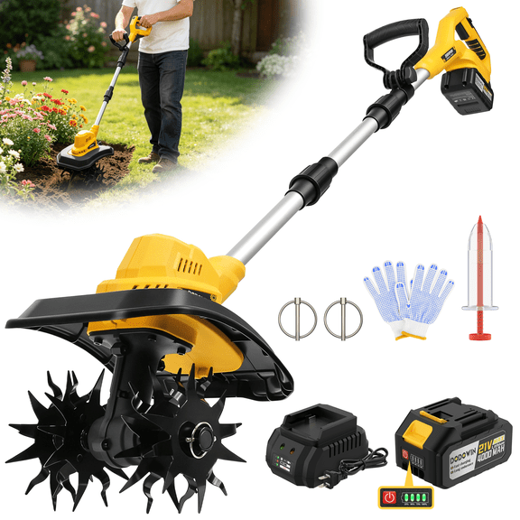 Cordless Stand‑Up Weeder and Tiller with Battery and Charger, Push Cultivator for Weed Control and Soil Loosening, Easy Garden Maintenance Tool