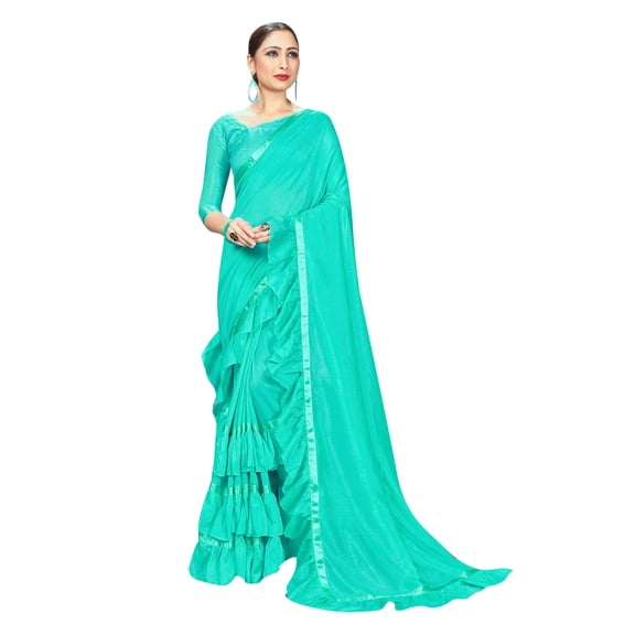 Sarees For Women Georgette Ruffle - Frill Saree || Ethnic Indian Gift Traditional Wedding Gift Sari with Unstitched Blouse
