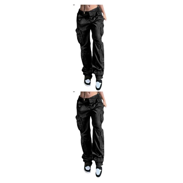 Minnieouse Otoño Mujer Pantalones de cintura baja con bolsillos Senderismo Niñas Estilo casual Jeans Algodón Pierna ancha Pantalones cargo Ropa Negro S 2Conjunto