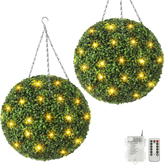 2 Pcs16”/20”Artificial Outdoor Plant Decorative Balls with 40 LED Lights 8 Mode Artificial Boxwood Ball for Backyard Wedding and Home DéCor