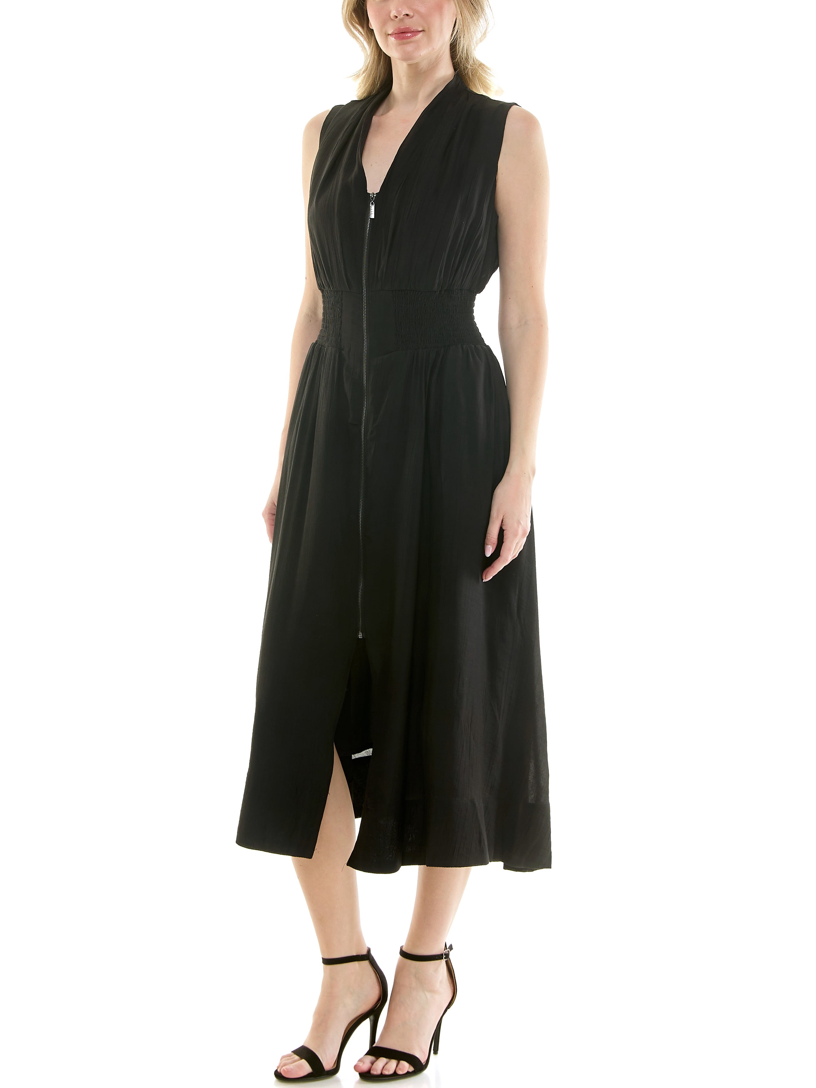 Sleeveless, V-Neck, smocked empire waist, zip front, fit & flare, midi dress in soft crinkle fabric,S-XL