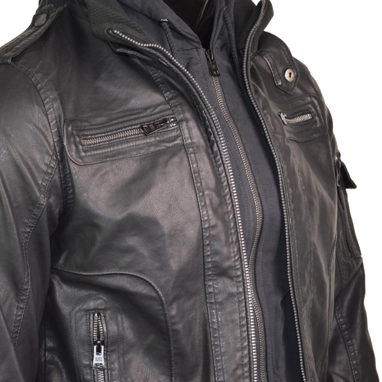MANSDOUR Men's Faux Leather Jacket Warm Black Motorcycle Bomber Jacket with  Removable Hood