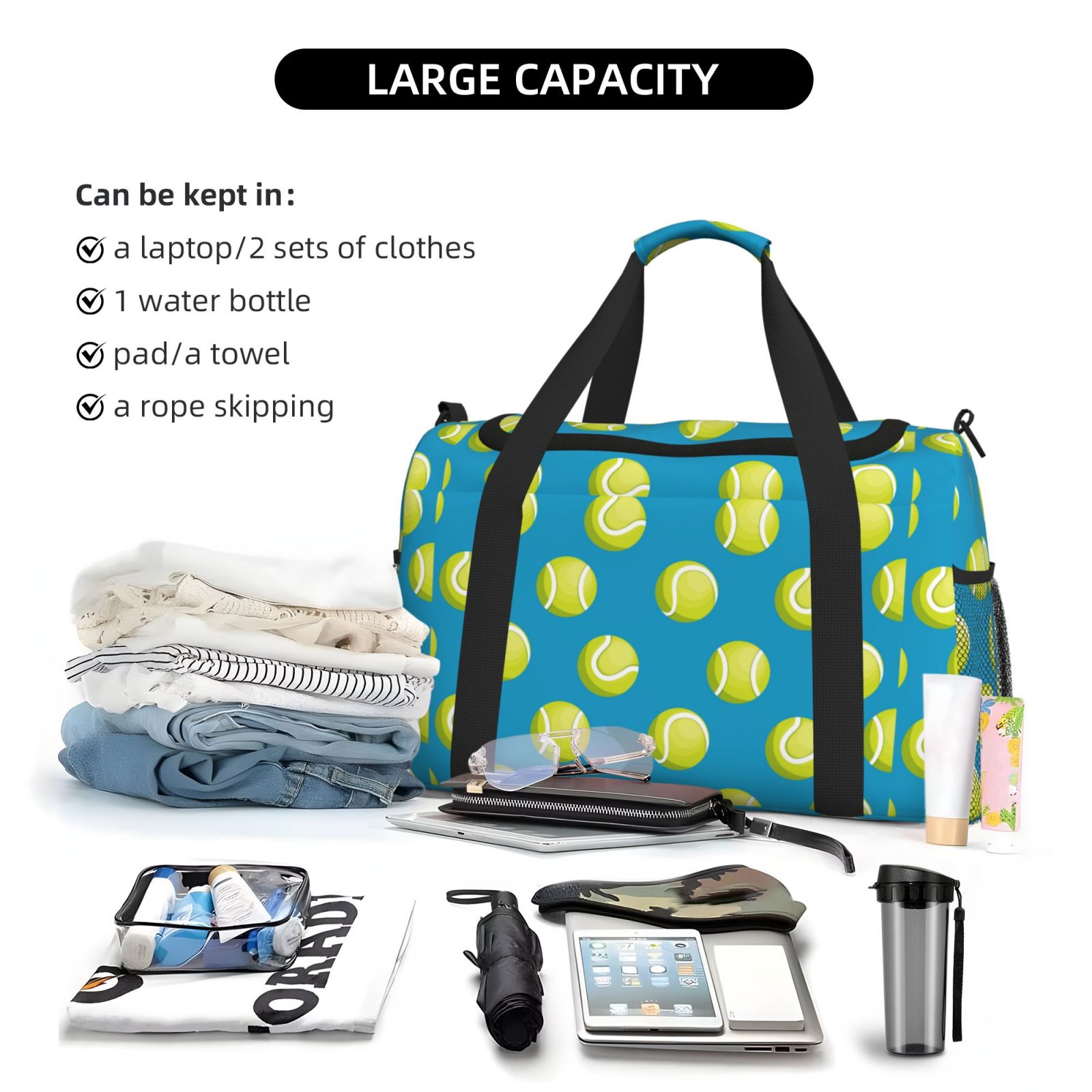 Defioc Ball Tennis Print Hand Travel Bag - Foldable Travel Duffel Bags for Men Women -Sport Gym Bag - Overnight Travel Duffel Bag - Adjustable Shoulder Strap