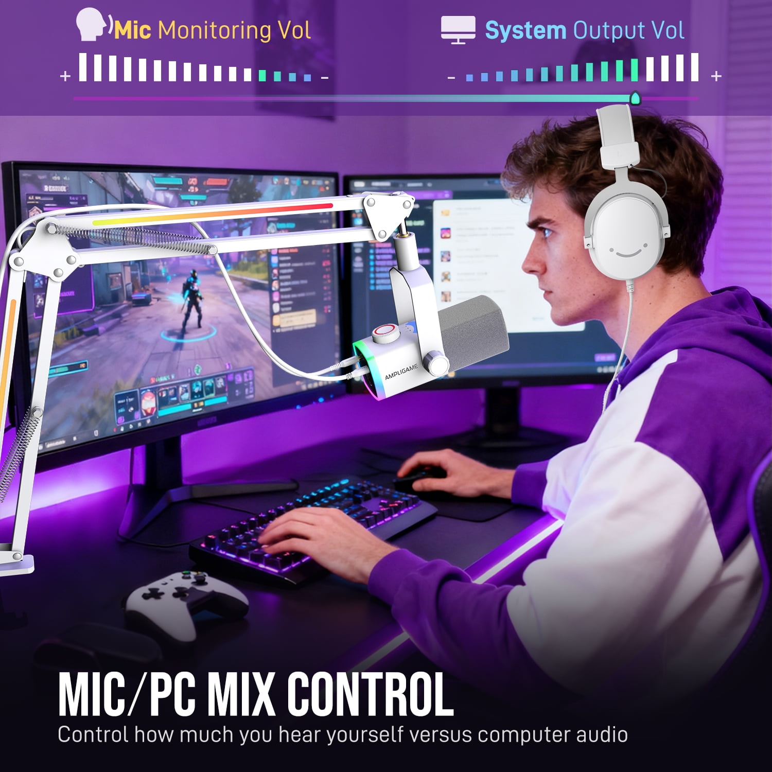 FIFINE AM8 Gaming Microphone Kit with Software, RGB Boom Arm Stand, USB/XLR Dynamic PC Microphone for Computer PS5 with Mute, Headphone Jack, AM8T PRO