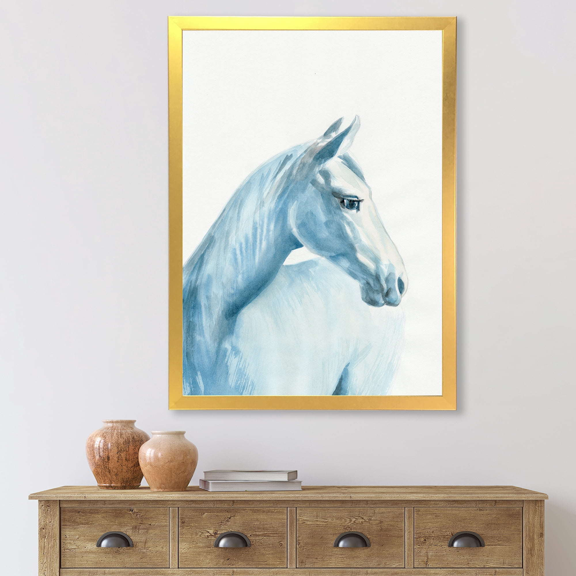 Designart 'Close Up Portrait Of A Light Blue Horse' Farmhouse Framed Art Print