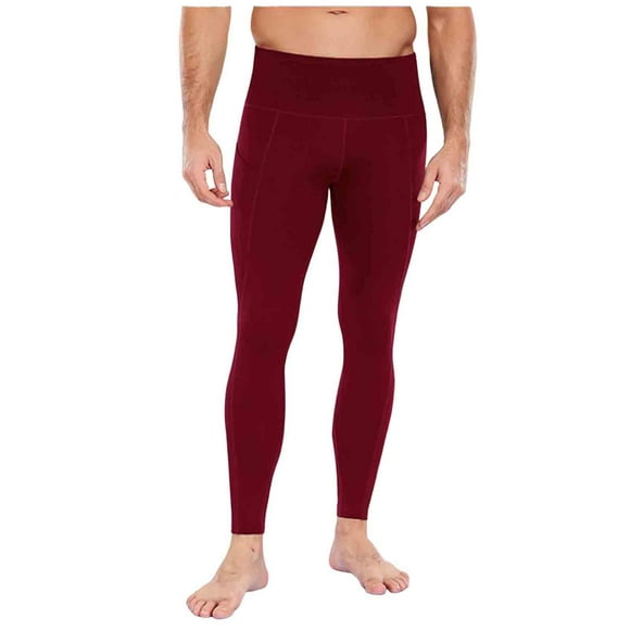 FRSASU Mens Compression Pants Running Tights Pockets Sports Leggings Workout Cycling Athletic thermal Red