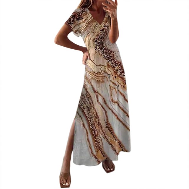 GDREDA Robe Longue à Manches Courtes Fendue à Imprimé Floral Décontracté Printemps Été pour Femmes Dos Nu