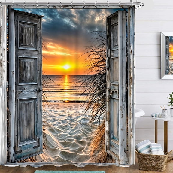 Ocean Beach Summer Coastal Shower Curtain Seaside Sea Wave Scenery Hawaiian Nautical Sunset LandscapeBarn Door Bathroom Accessories Home Decor Waterproof Fabric-72"W x 72"L (Pack of 1)