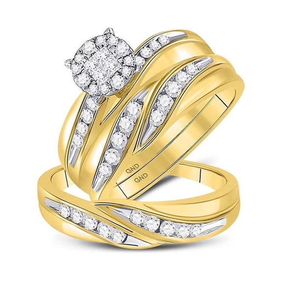 14kt Yellow Gold His & Hers Princess Diamond Soleil Cluster Matching Bridal Wedding Ring Band Set 5/8 Cttw