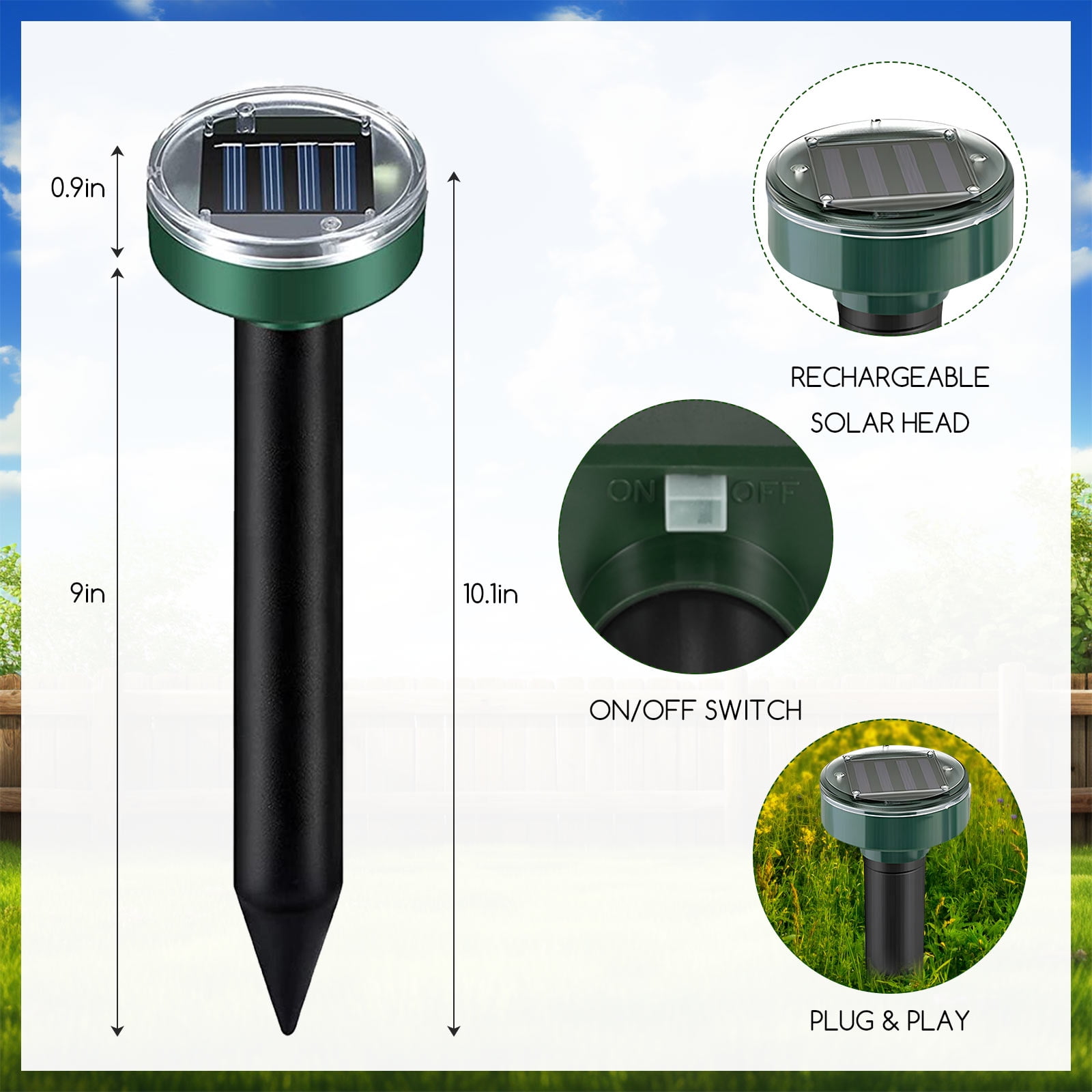 JLLOM 8Pcs Solar Mole Repellent Space Ultrasonic Solar Mole Fright, Mole Control, Vole Fright Mole Repellent, Pest Control with IP65 for The Garden