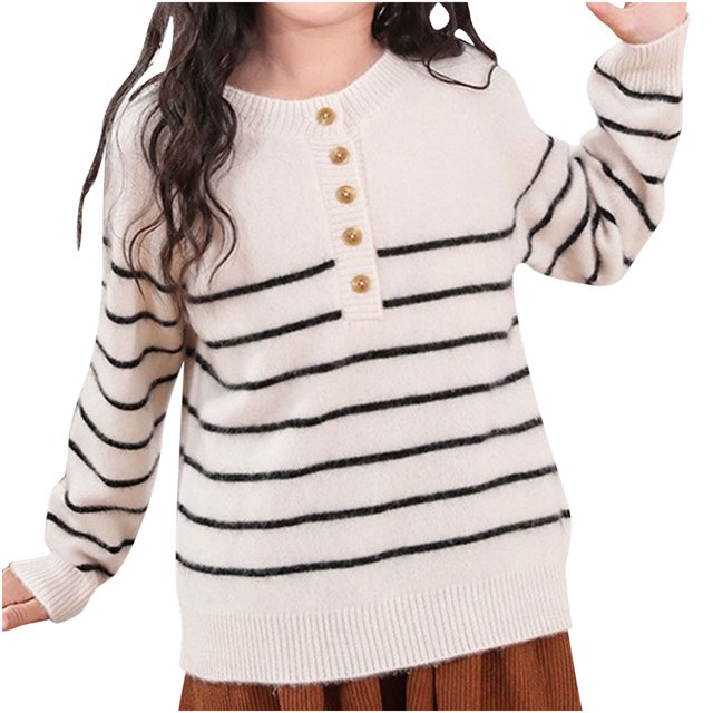 Tranfacy Chemises à Manches Longues pour Filles, Hauts d'Automne, Chandail Décontracté à Rayures pour Enfants de 4 à 16 Ans, Chandail à Boutons, Vêtements à Col Rond